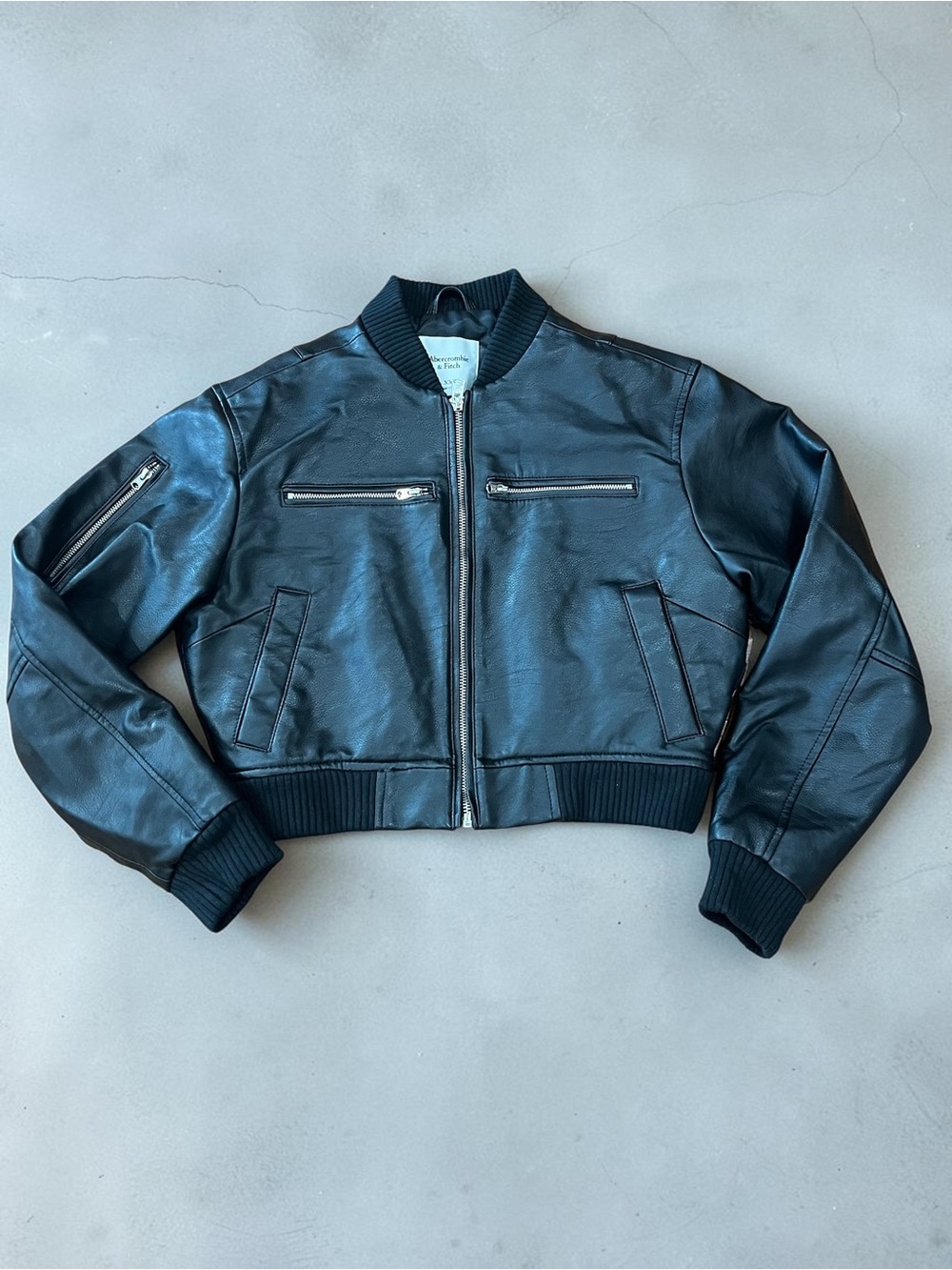 Abercrombie Black Vegan Leather Cropped Bomber Jacket Size XXS